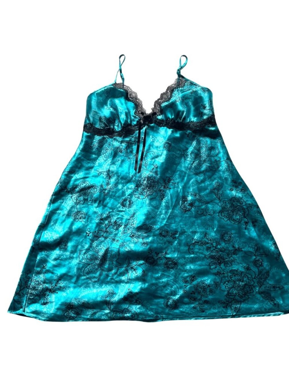 Teal Floral Satin Chemise With Black Lace Trim Shiny Size Medium Donatella